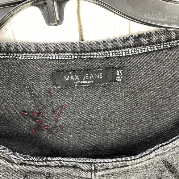 Max Jeans Denim Dress XS Gray Stars Print Short Sleeve Pockets Scoop Neck Grunge - Picture 4 of 6